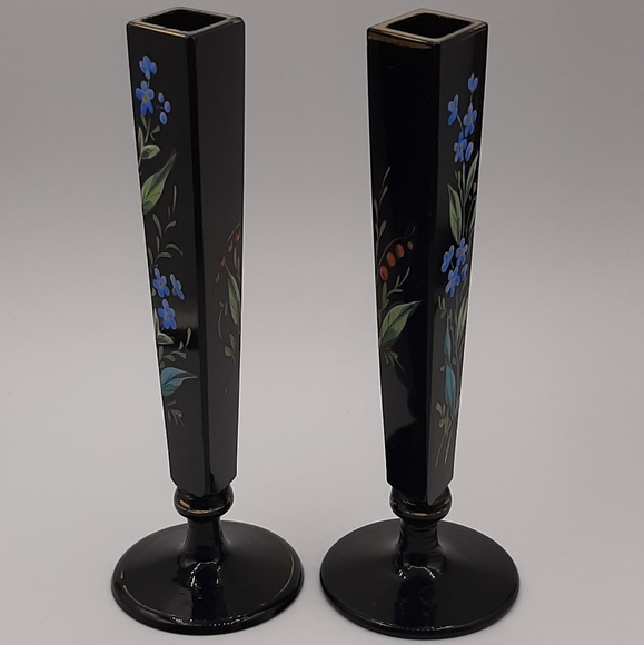 Pair Antique Black Glass Bus Vases Hand Painted Enamel Floral Gold Gilt Accent - Picture 4 of 10